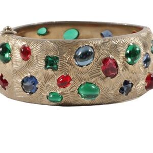 Vtg Castlecliff Cuff Bracelet Gold Tone Wide  Unfoiled Glass Cabochons Crystals